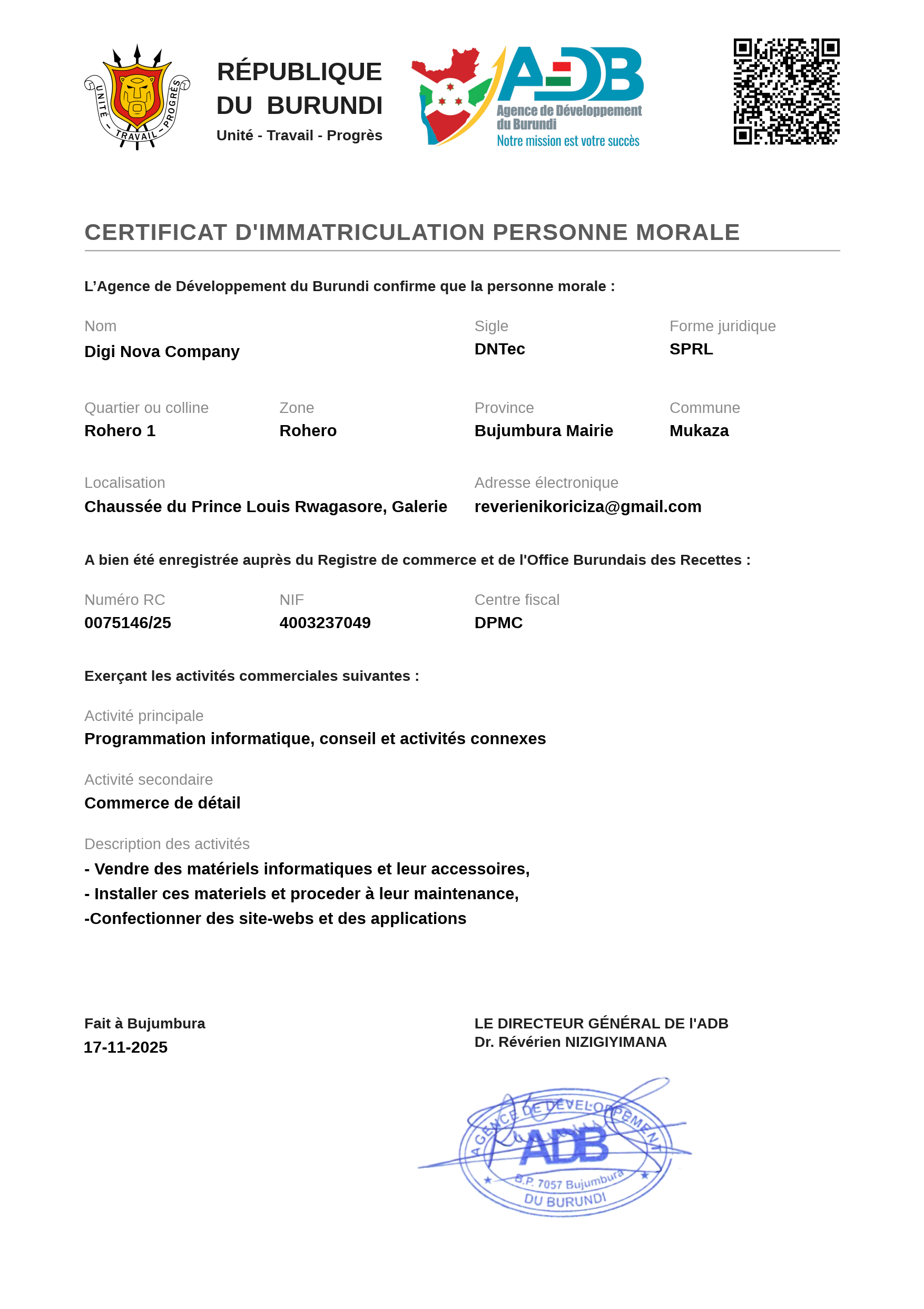 Certificat d'Immatriculation de la personne morale